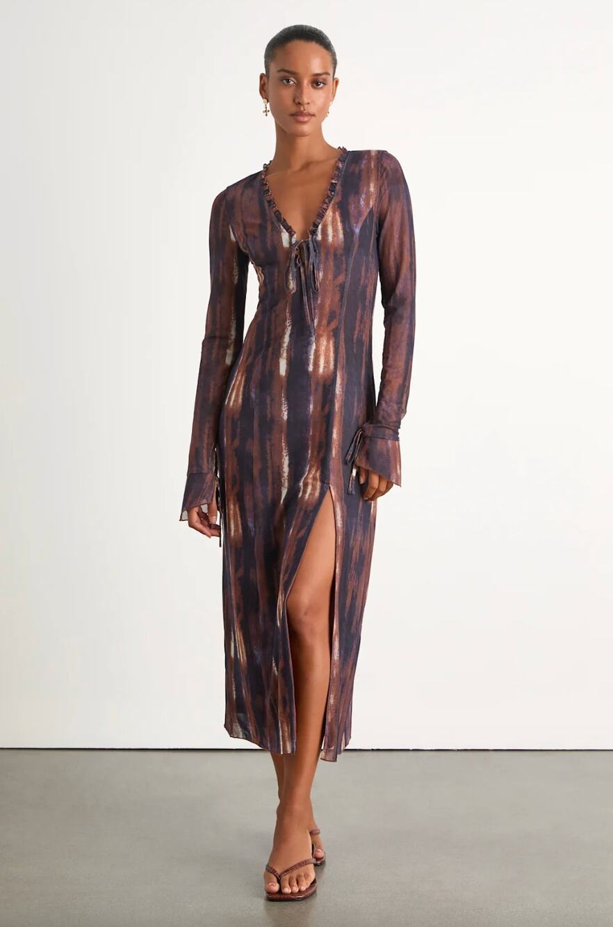 Lulus Aymeline Navy and Brown Abstract Long Sleeve Midi Dress Mesh Boho L NWT